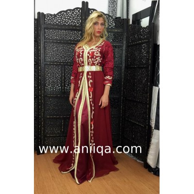 Caftan marocain bordeaux doré Mina