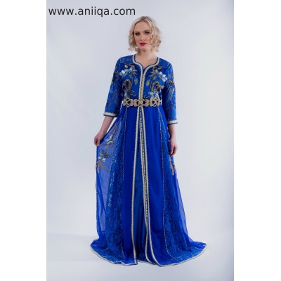 Caftan bleu roi dentelle sequin Monia