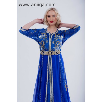 Caftan bleu roi dentelle sequin Monia