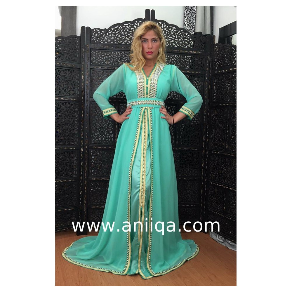 Caftan marocain vert d'eau perlé et strassé Sali