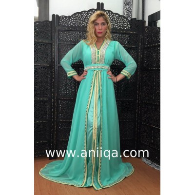 Caftan marocain vert d'eau perlé et strassé Sali