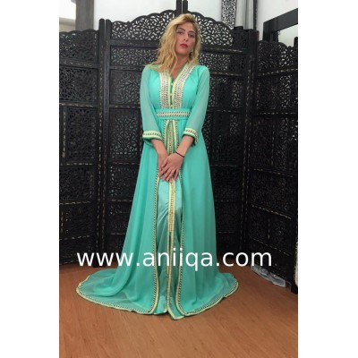 Caftan marocain vert d'eau perlé et strassé Sali