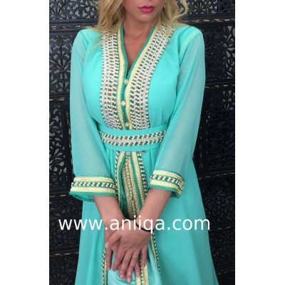 Caftan marocain vert d'eau perlé et strassé Sali