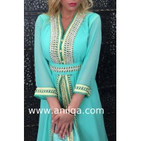 Caftan marocain vert d'eau perlé et strassé Sali