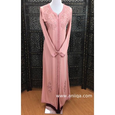 Caftan simple rose poudré en mlifa pour l'aid 