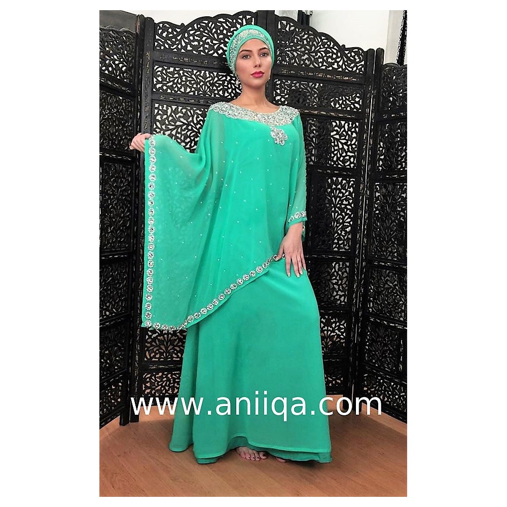 Robe dubai luxe vert d'eau cristaux argent