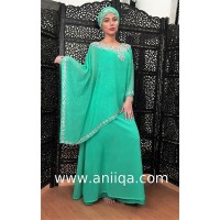 Robe dubai luxe vert d'eau cristaux argent