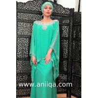 Robe dubai luxe vert d'eau cristaux argent