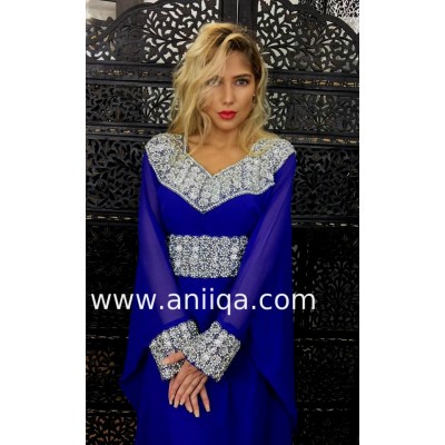 Robe dubai luxe Bleu roi cristaux Argent Monia