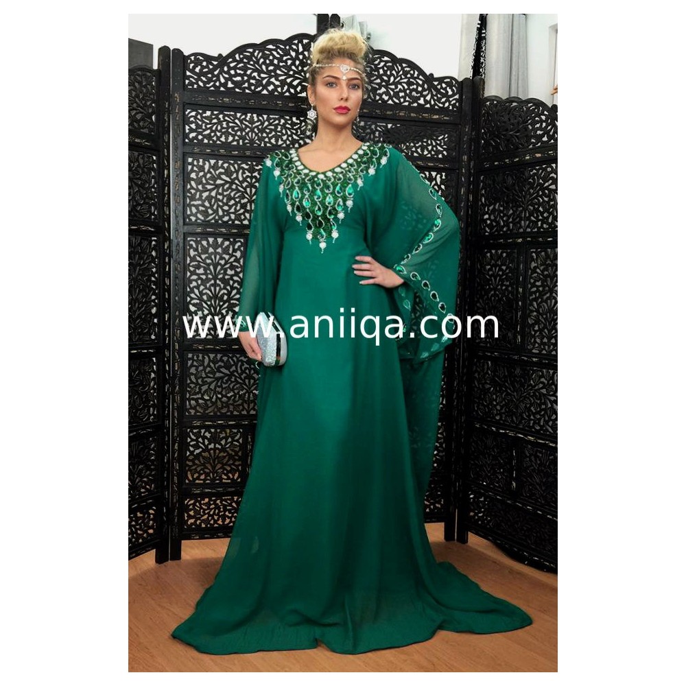 Robe dubai Vert emeraude & argent Nawal