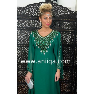 Robe dubai Vert emeraude & argent Nawal