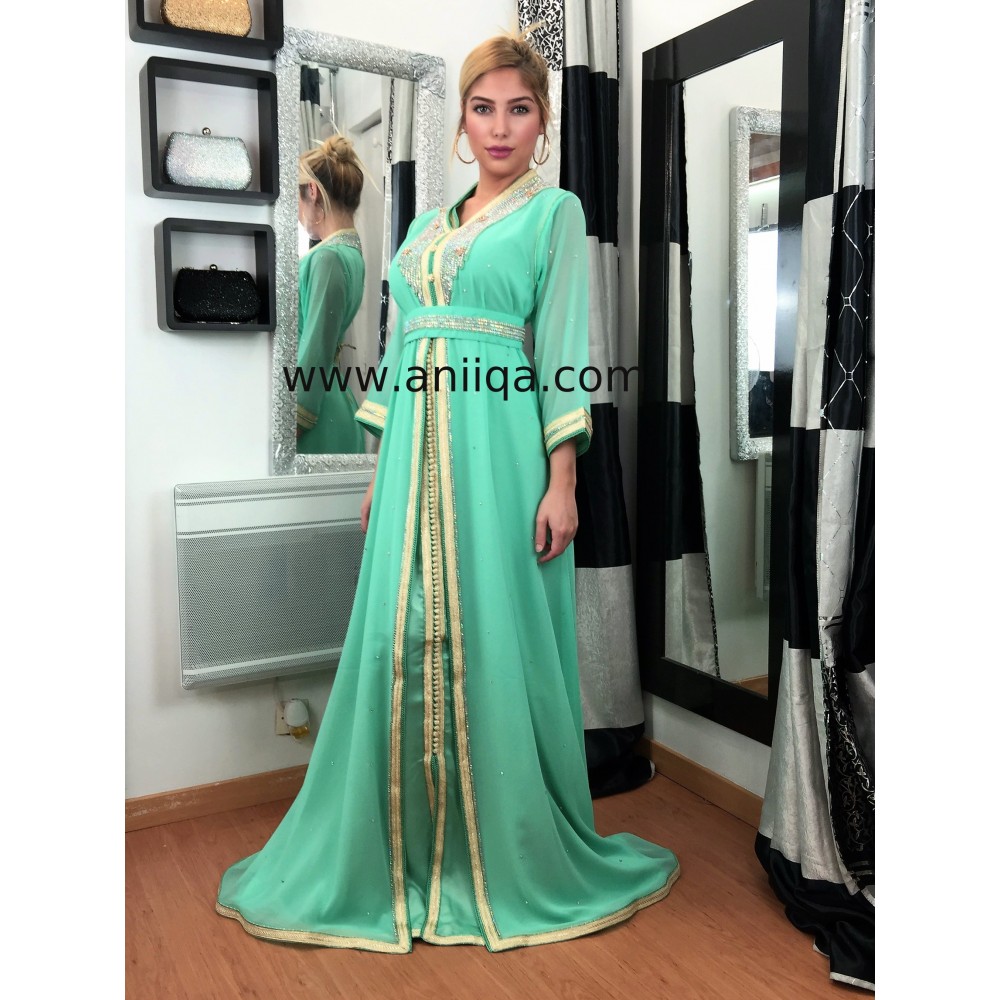 Caftan strass vert eau Narjiss