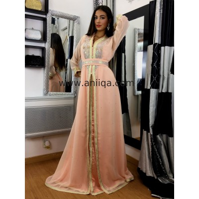 Caftan rose saumon strass Narjiss