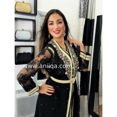 Caftan noir dentelle et mousseline perles et strass Zayna