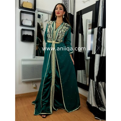 Caftan vert emeraude perles et strass Chahra