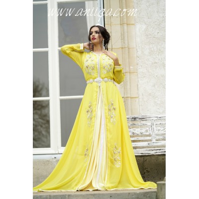 Caftan de mariée Luxe jaune avec sa cape 