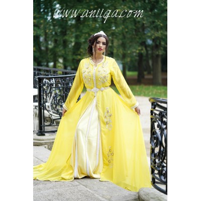 Caftan de mariée Luxe jaune avec sa cape 