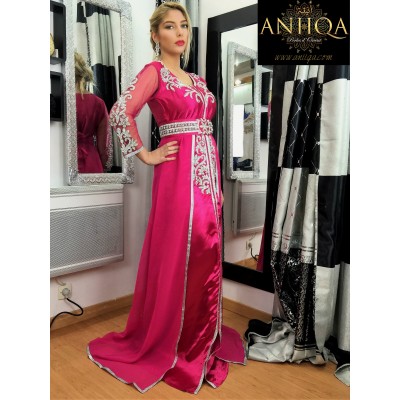 Caftan moderne rose fushia et  cristal argent Chaima