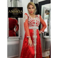 Caftan moderne Rouge en tulle perlé Sawsan