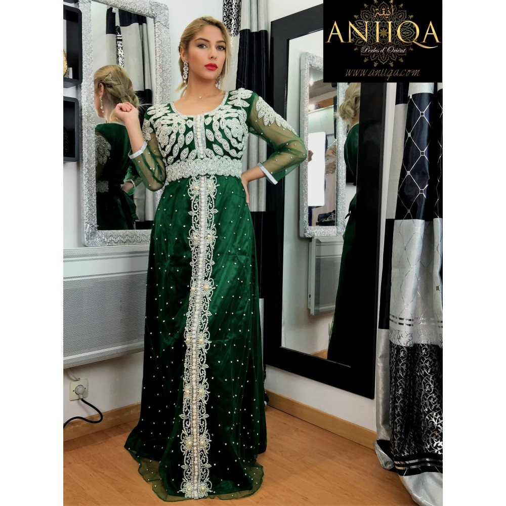 Caftan moderne vert royal en tulle perlé Sawsan