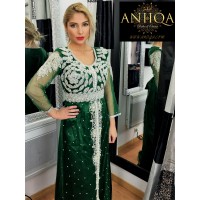 Caftan moderne vert royal en tulle perlé Sawsan