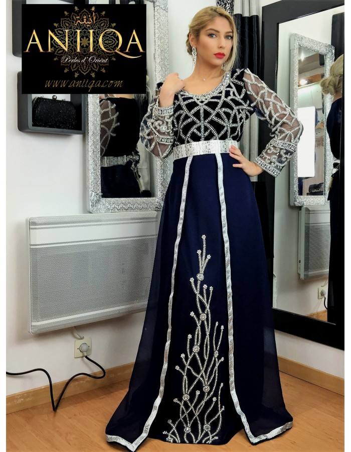 Caftan moderne bleu nuit velours et mousseline Sabah ...