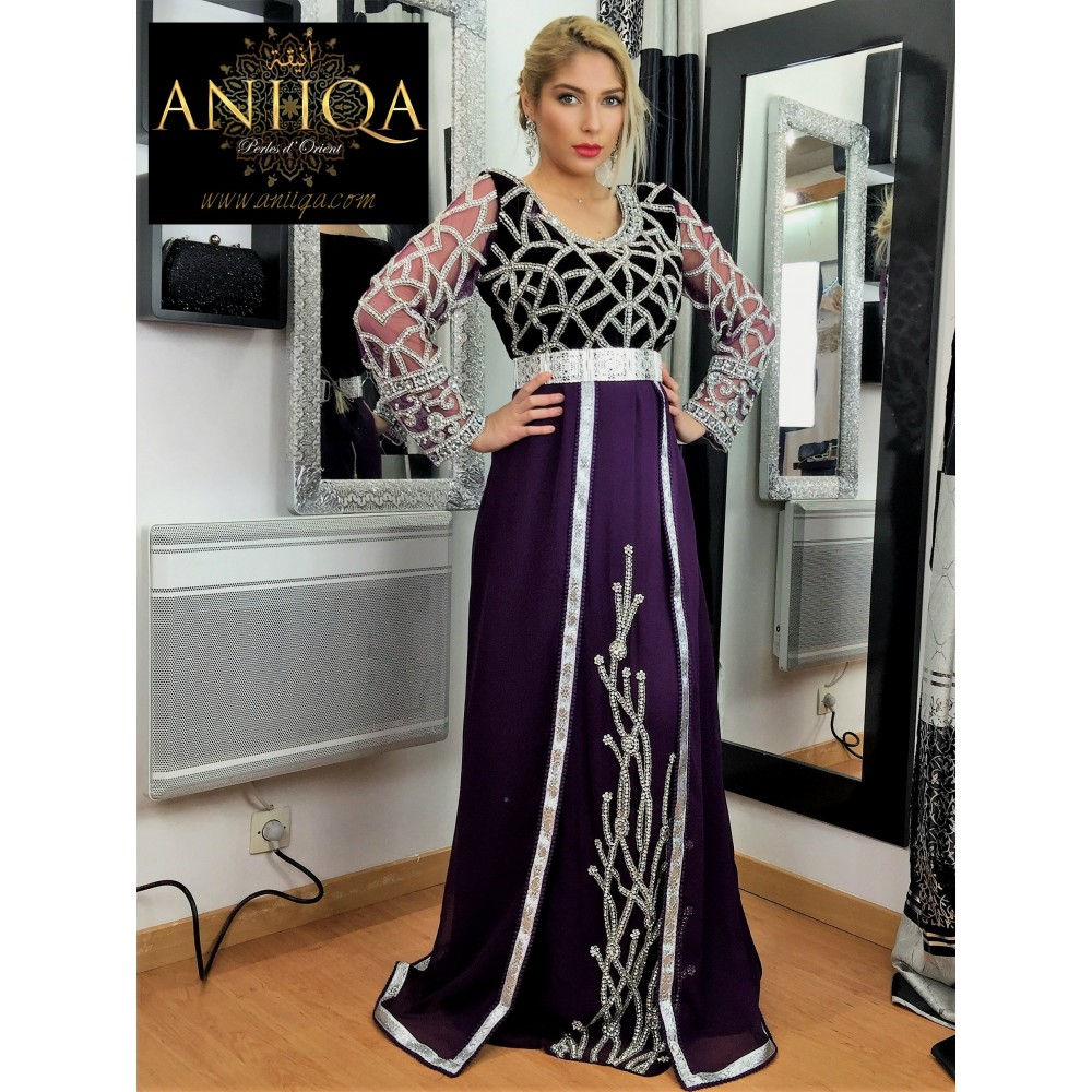 Caftan moderne prune velours et mousseline 