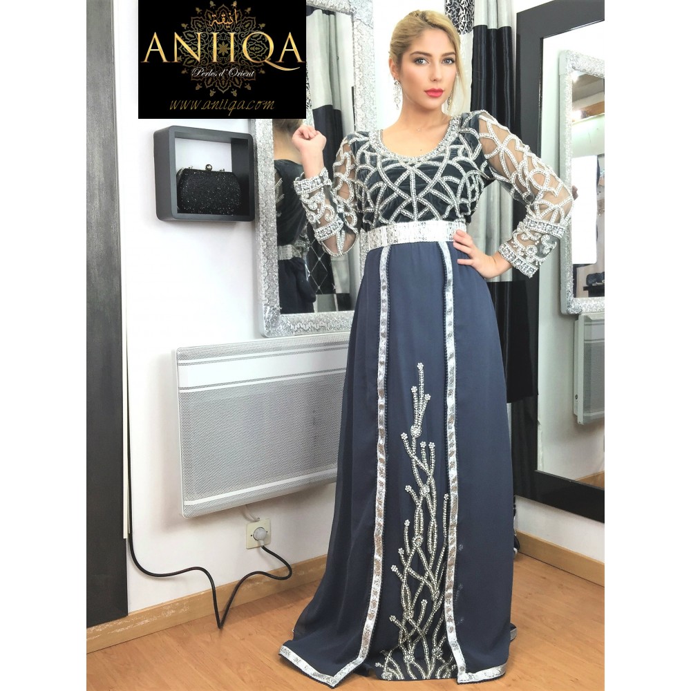 Caftan marocain gris velours et mousseline