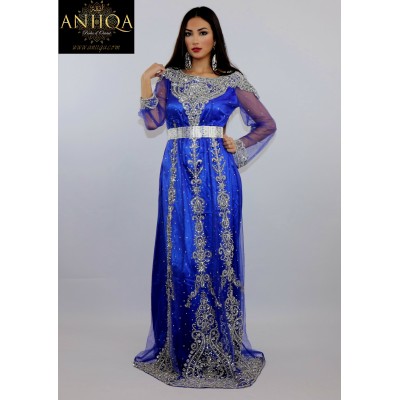 Caftan moderne bleu roi en tulle Manal