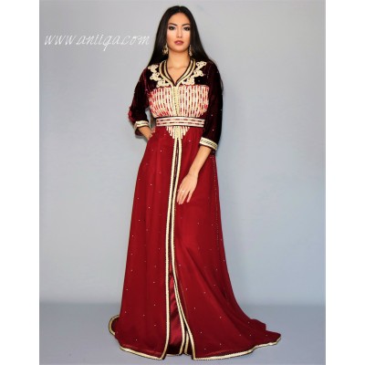 caftan marocain chic et simple , velours et mousseline perlé