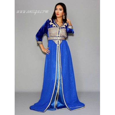 caftan chic bleu roi velours et mousseline perlé