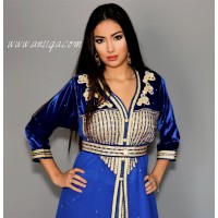 caftan chic bleu roi velours et mousseline perlé