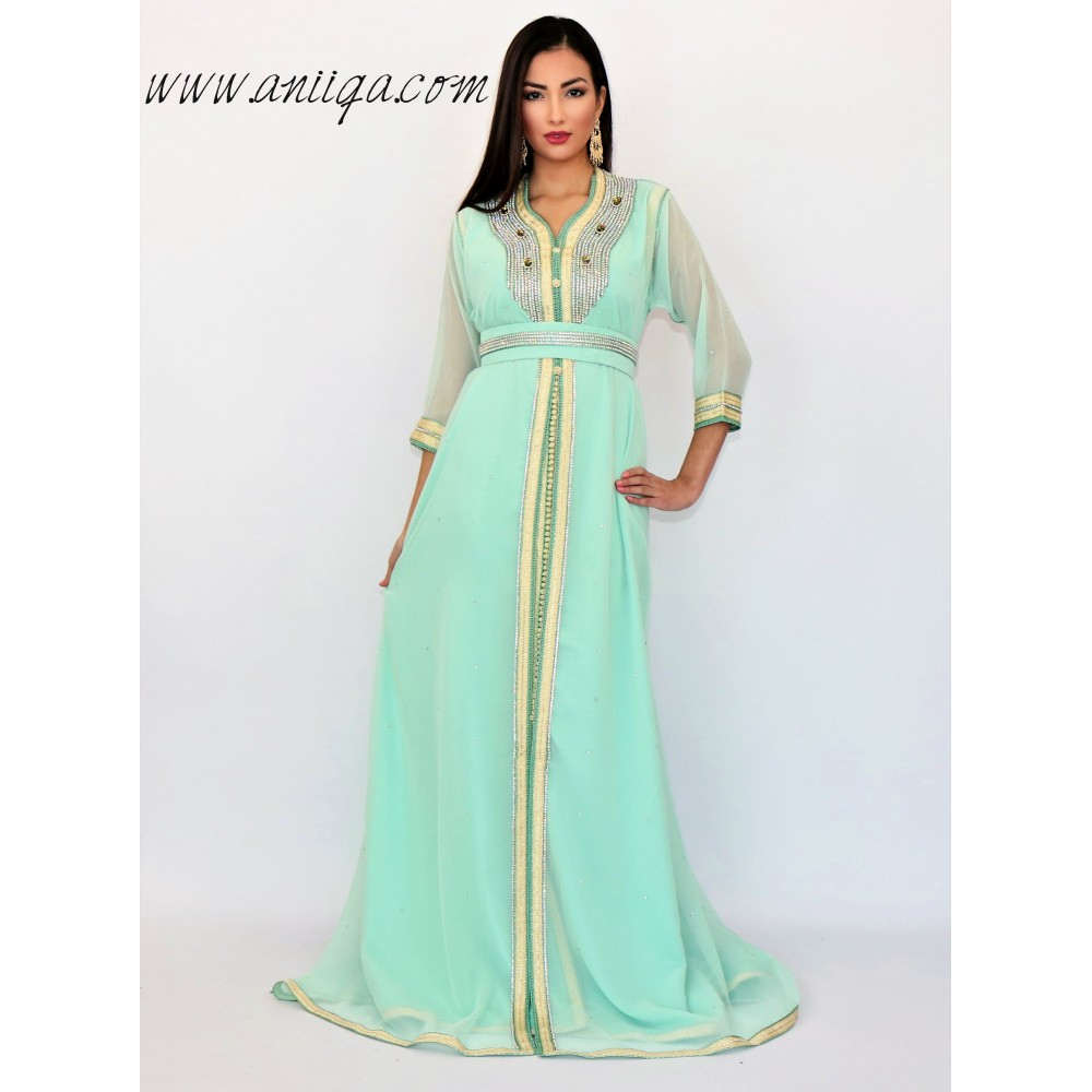 caftan takchita simple vert eau strassé