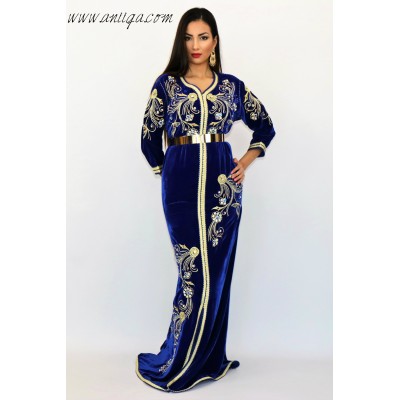 caftan marocain velours de soie bleu roi avec pierre