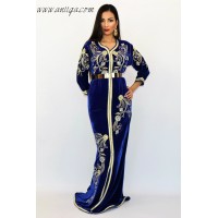 caftan marocain velours de soie bleu roi avec pierre