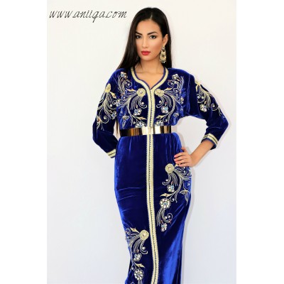 caftan marocain velours de soie bleu roi avec pierre