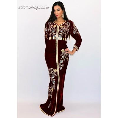 caftan velours de soie rouge moderne et chic avec pierre de verre et tarz rbati