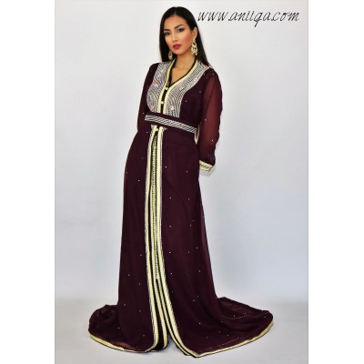 caftan marocain prune en mousseline strassée