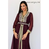 caftan marocain prune en mousseline strassée