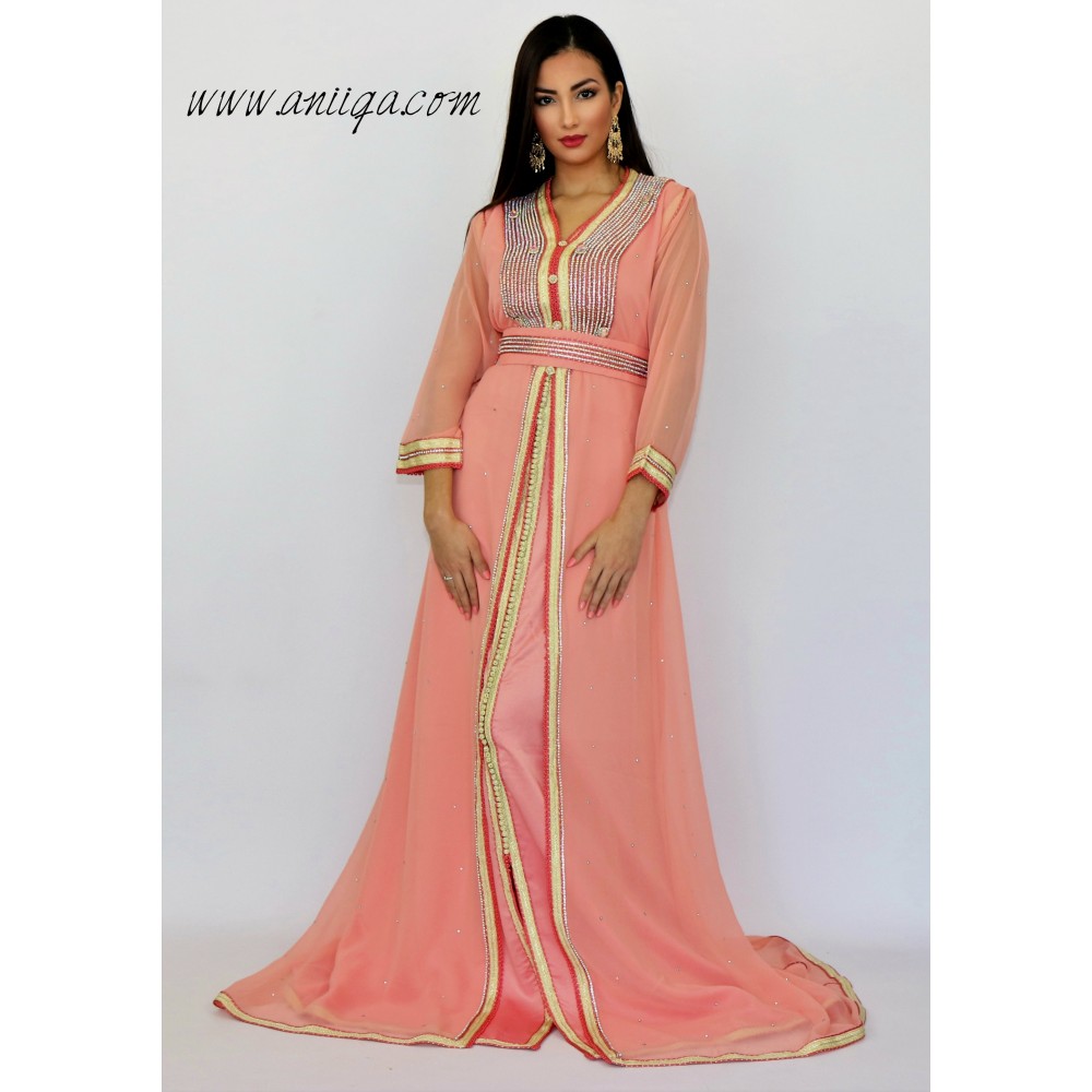 caftan marocain simple corail mousseline strass