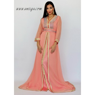 caftan marocain simple corail mousseline strass