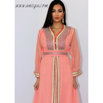 caftan marocain simple corail mousseline strass