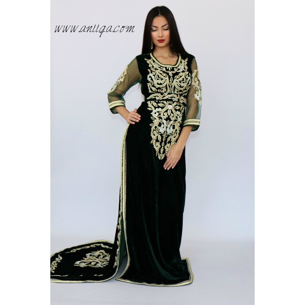 caftan moderne velous vert royal avec traine