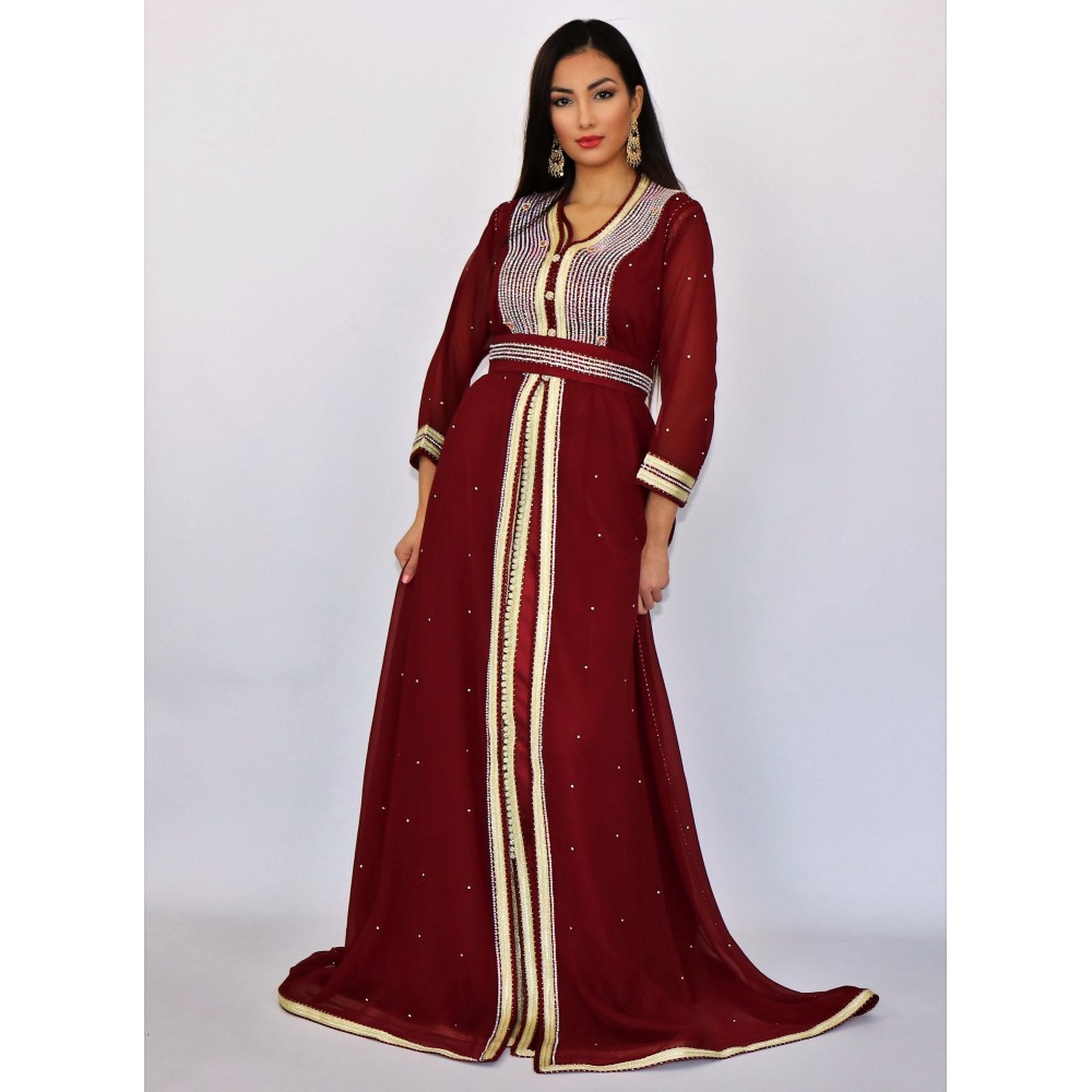 caftan takchita rouge mousseline strassé