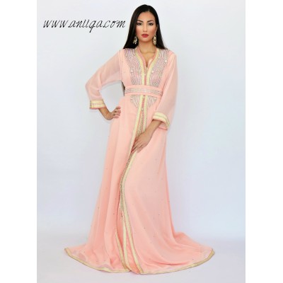 caftan takchita simple rose pale mousseline strassé