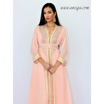 caftan takchita simple rose pale mousseline strassé