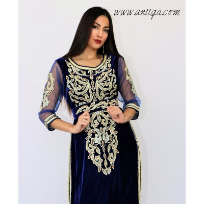 caftan velours  de soie 2018  bleu roi avec traine