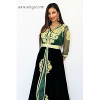 caftan marocain moderne vert royal jupon en velours