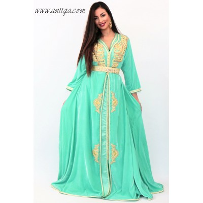 robe orientale marocaine vert eau coupe evasée , jupon en velours