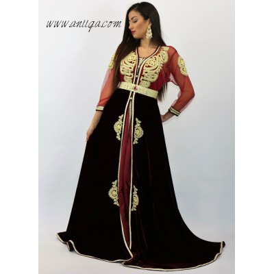 caftan marocain moderne rouge bordeaux  , jupon en velours